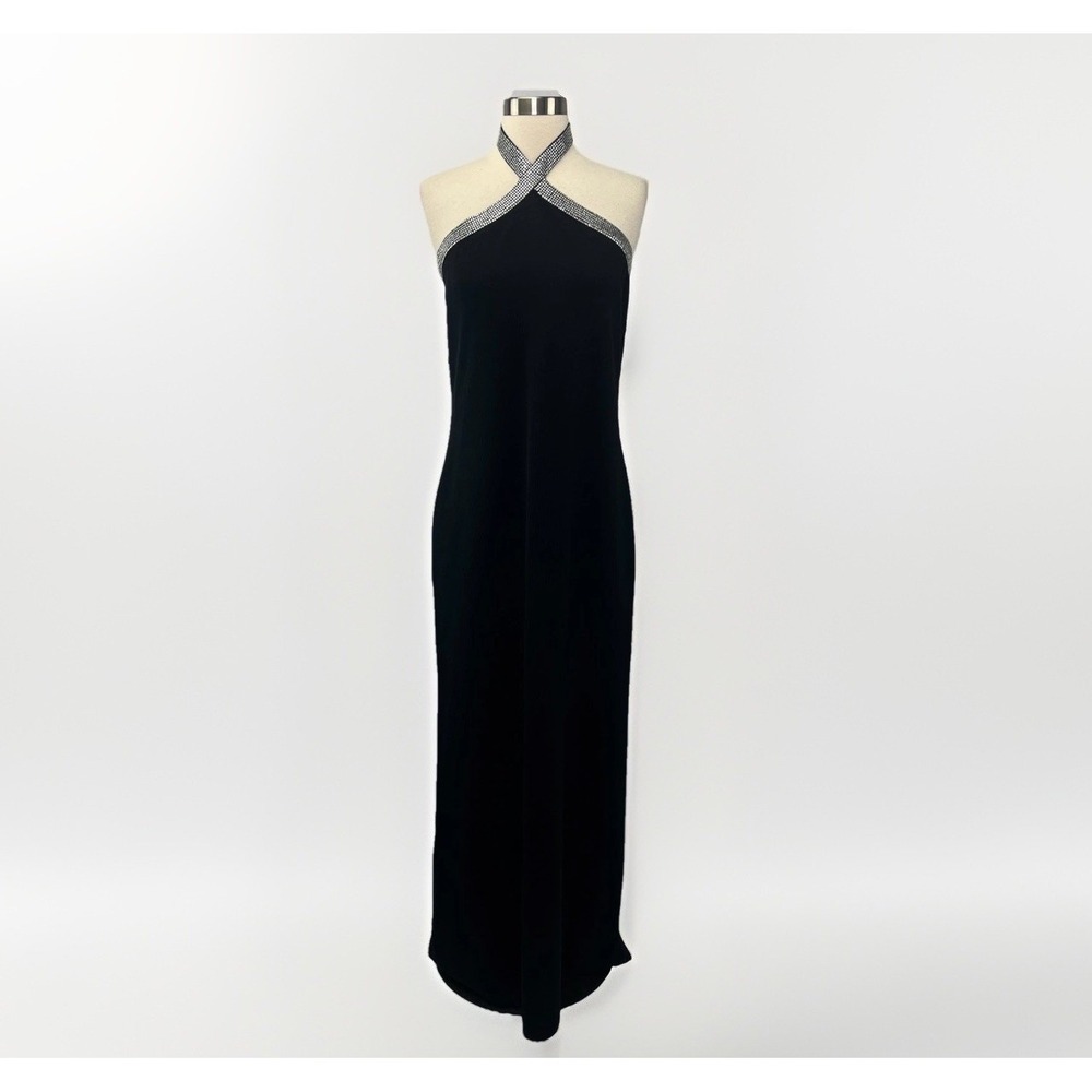 St. John Black Halterneck Evening Dress Black Sz 4 Crystal Embellishments *Read
